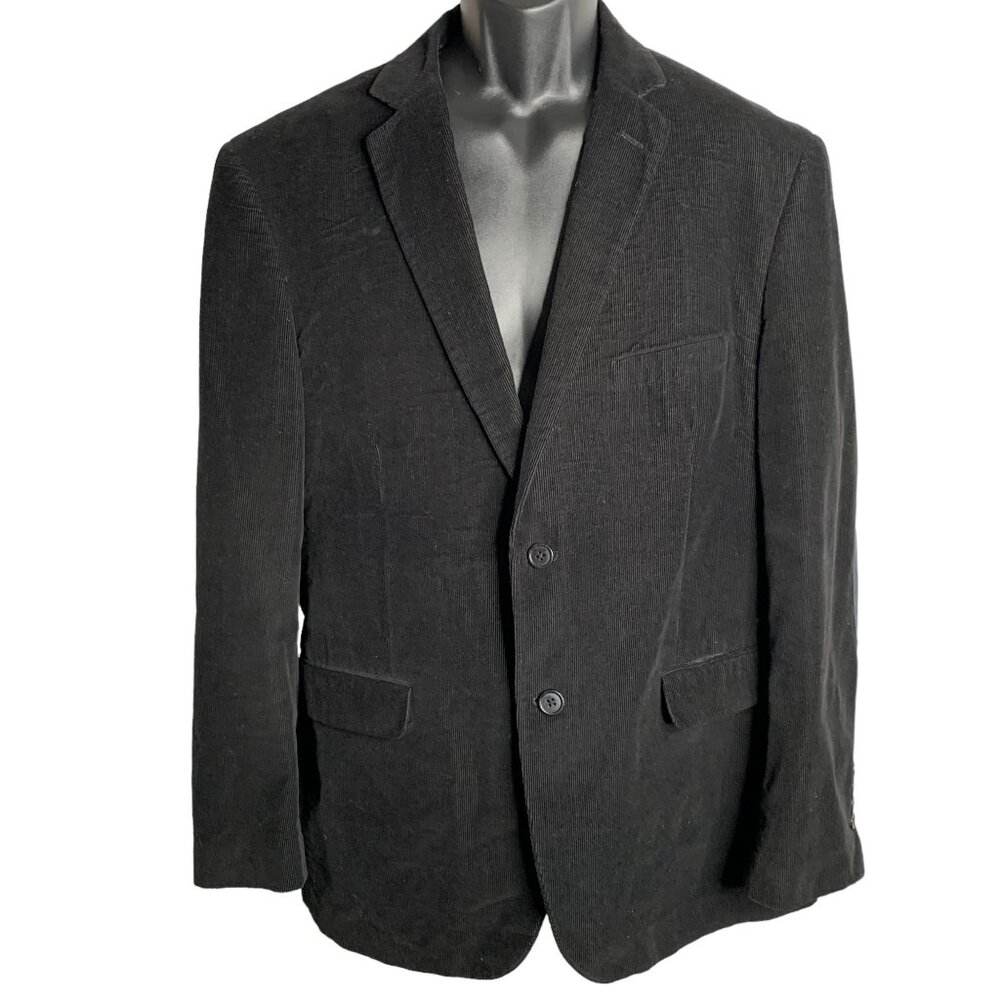 Adolfo Corduroy Blazer Sport Coat 44R Black Paisley Lined Pockets Elbow Patches
